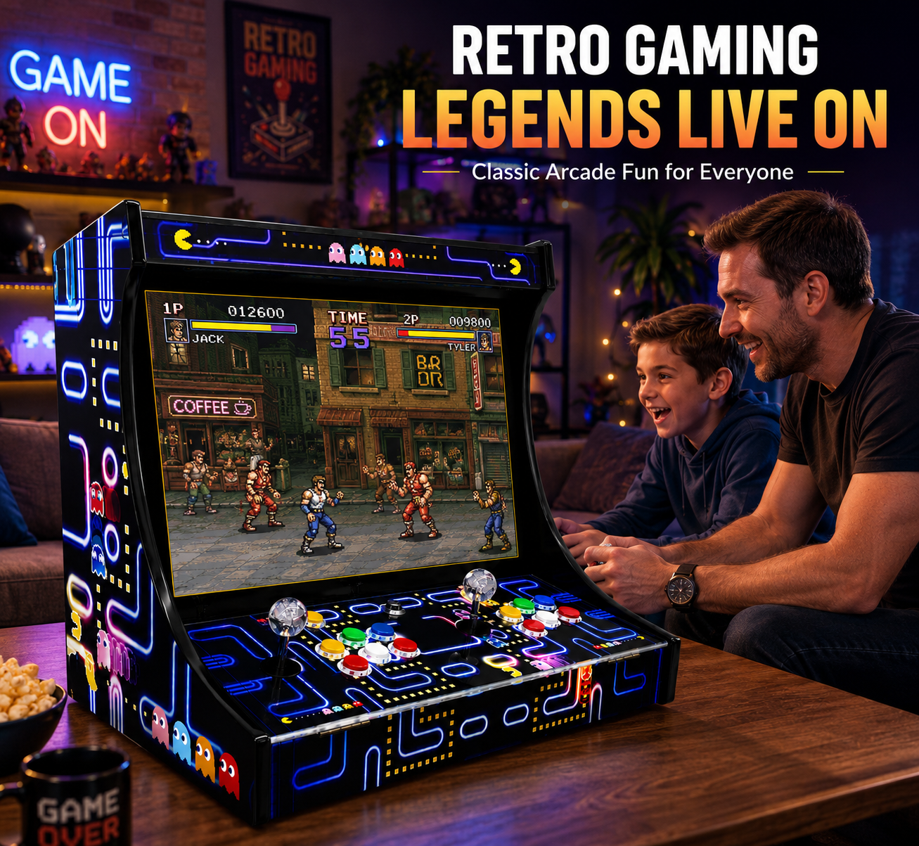 Family playing the CherryQuest 22-inch tabletop arcade machine at home