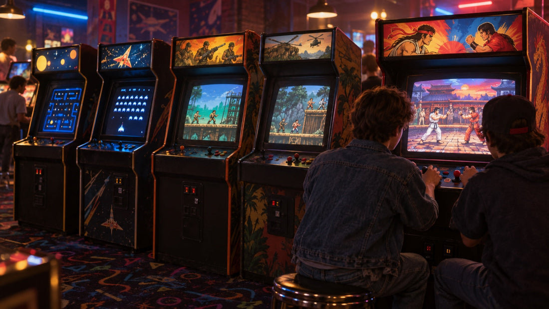 Arcade cabinets evolving from early maze and shooting games to two-player fighting games
