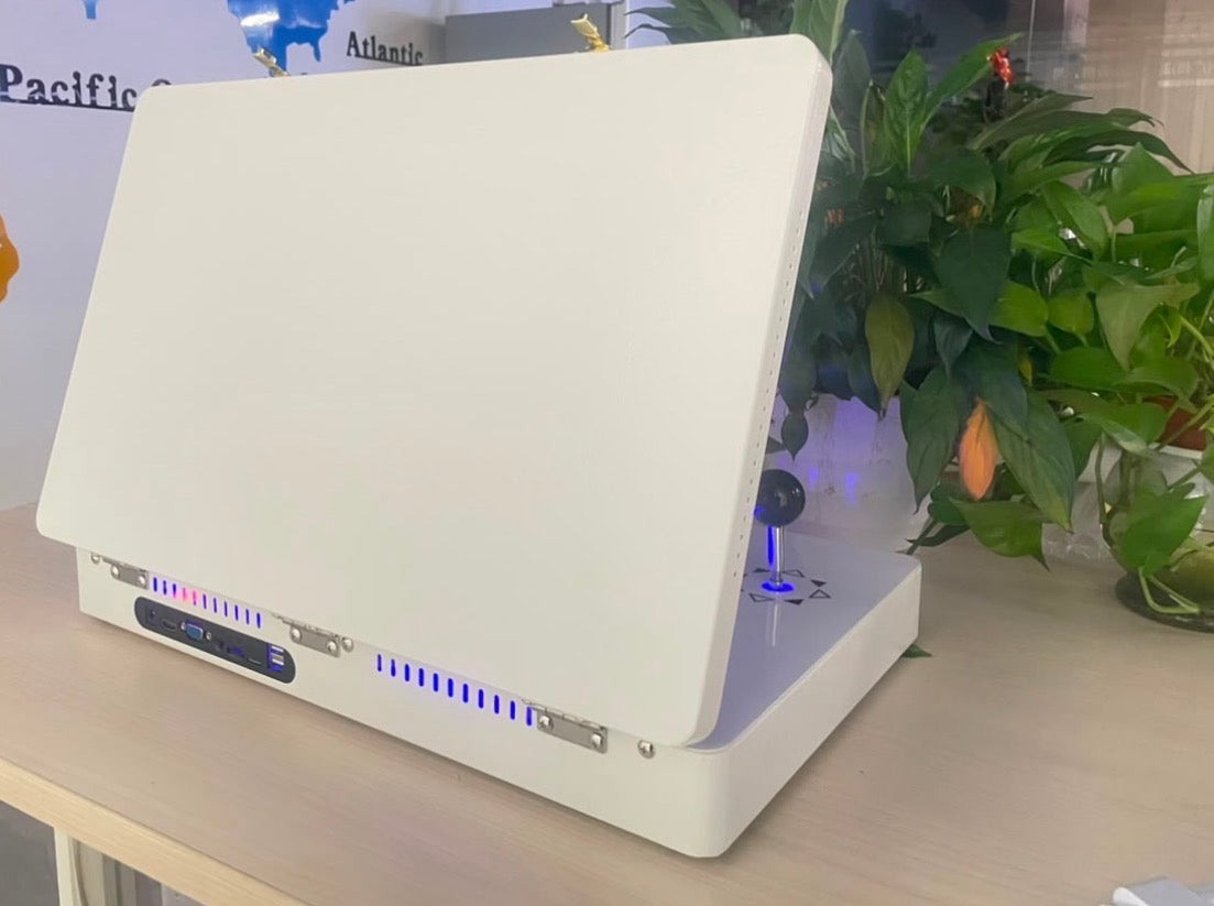 CherryQuest 20-inch white foldable arcade machine closed for storage, rear view