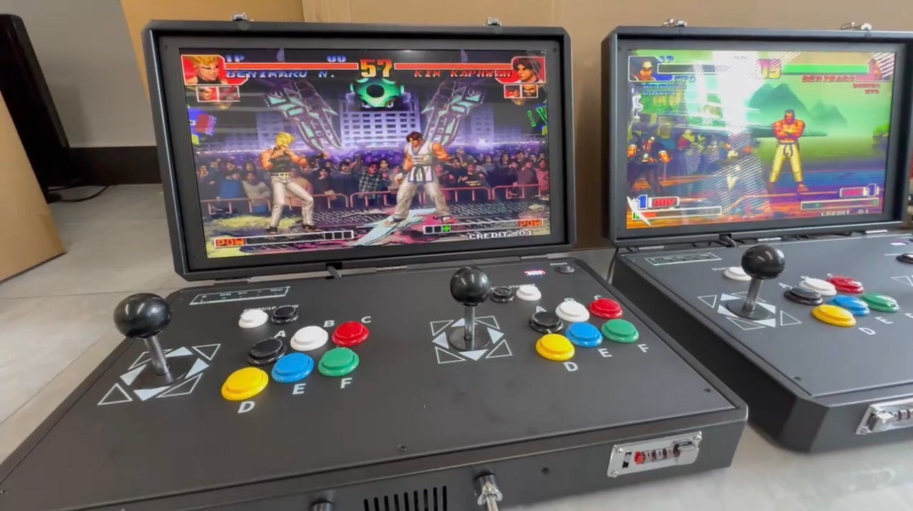 Two CherryQuest 20-inch black foldable arcade machines running fighting games