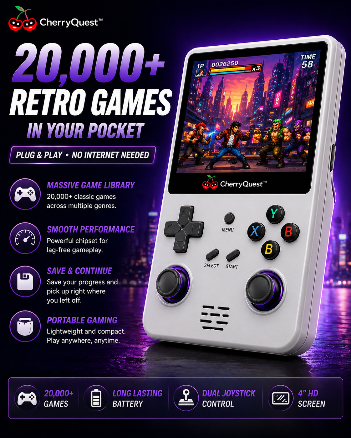 Premium 4 inch Portable Retro Gaming Console - 20,000 Games, Handheld Arcade System, Classic Vertical Design, Screen Supports Multiple Classic Game Formats