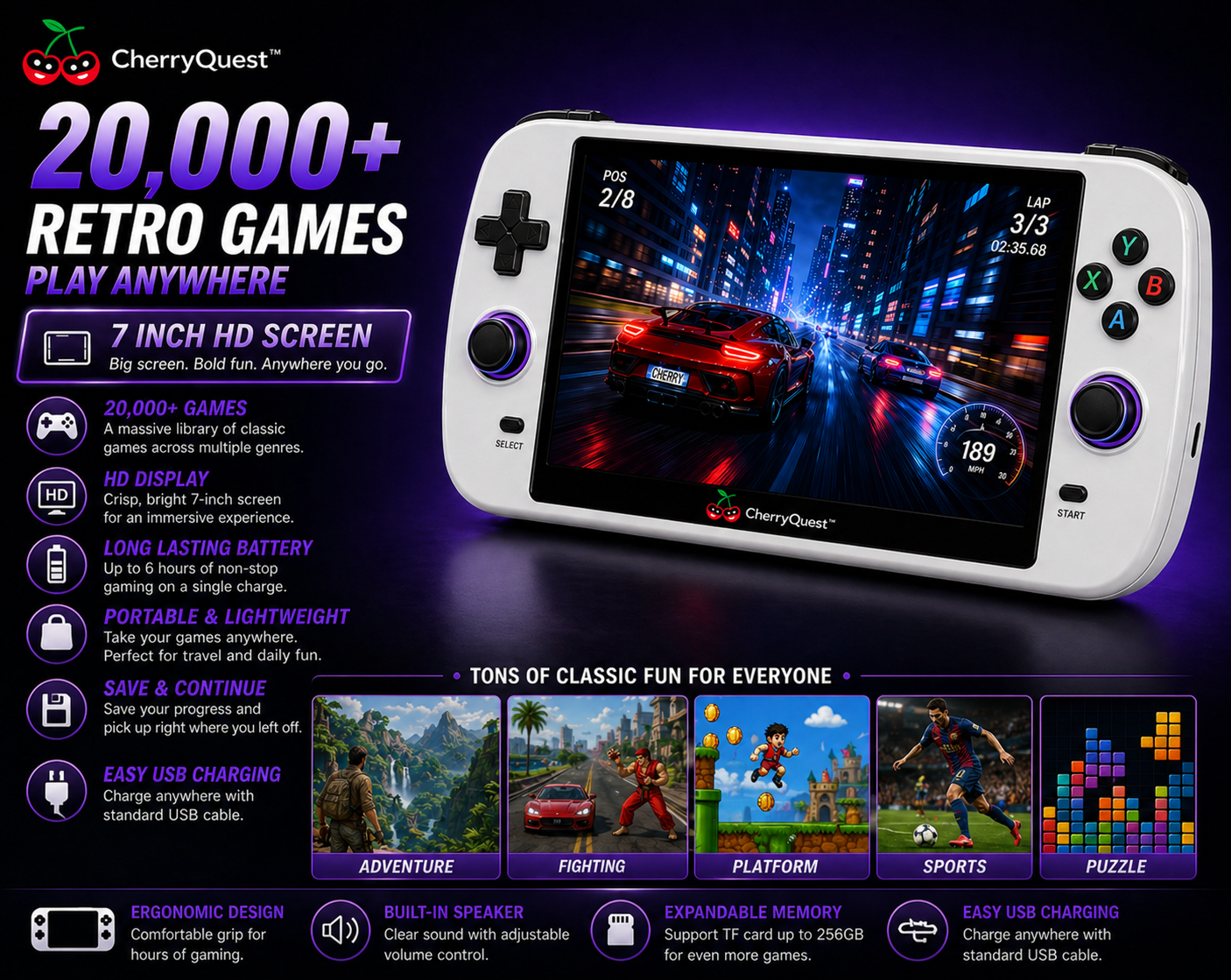 CherryQuest G90 Retro Handheld Game Console, 7 inch HD Screen, 20,000 Built-in Games, Portable Arcade System for Classic Arcade Fans