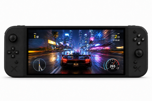 Black CherryQuest G90 7-inch handheld arcade console showing a racing game